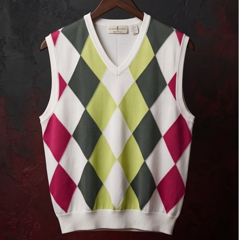Fairway & Greene Mens L‎ Argyle V-Neck Sweater Vest Pima Cotton White Pink Green